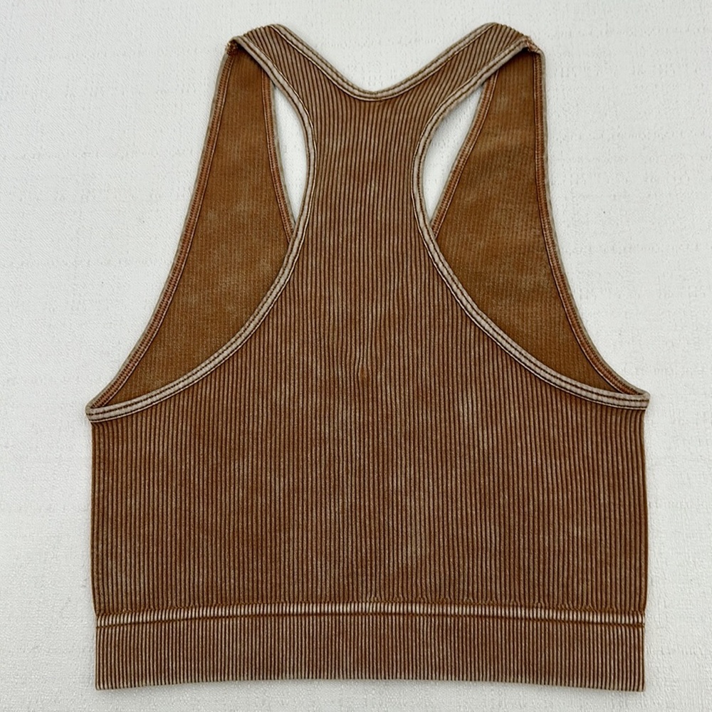 Deep Camel Stone Washed Cropped Ribbed Racerback Tank by Zenana - Picture 3 of 9